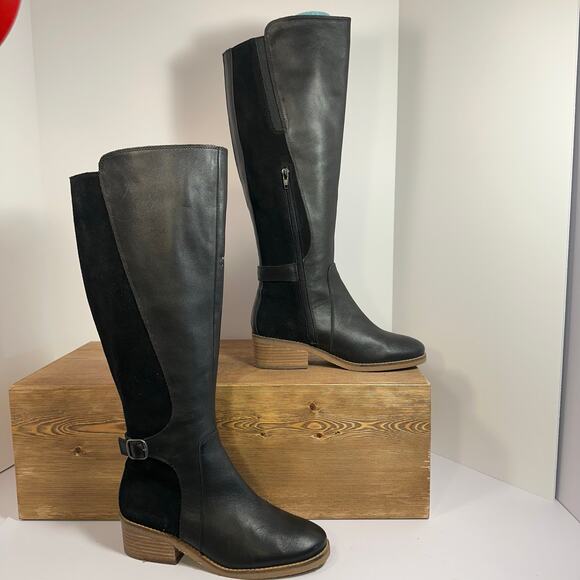Lucky Brand Timinii Leather Tall Riding Boots Women 7.5 Black Suede Block Heel - Picture 3 of 15